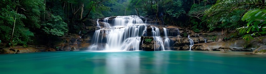 Obraz premium Semi close-up of a picturesque waterfall in the midst of a dense forest, more clarity with clear light and sharp focus, high detailed