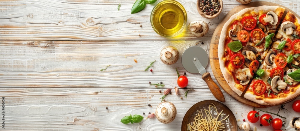 Poster pizza topped with mushrooms being prepared on a white wooden surface surrounded by ingredients like 