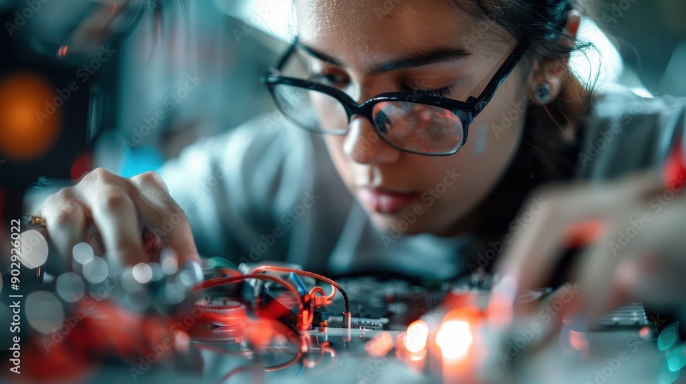 Poster this image depicts an engineer intricately working on electronic components and wiring, demonstratin