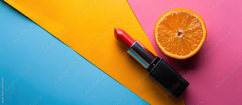 Poster a minimalist flat lay featuring stylish cosmetics like an orange and a lipstick against a vibrant ba
