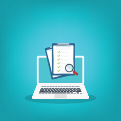 Online digital document inspection or assessment evaluation on laptop computer, contract review, analysis, inspection of agreement contract, compliance verification.	