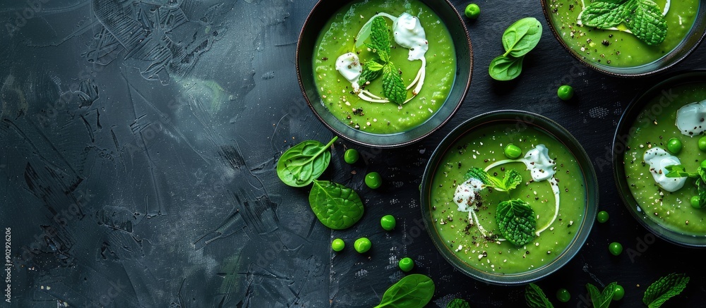 Poster vegan soup featuring peas spinach coconut cream and mint garnish set against a dark backdrop include