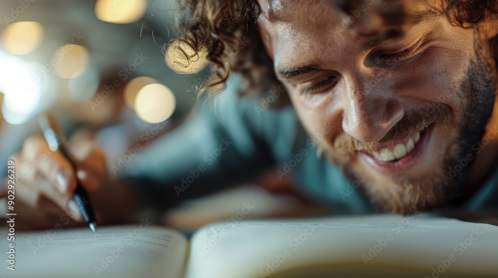 Poster the image features a close-up of an individual taking notes in a book during a study session, highli