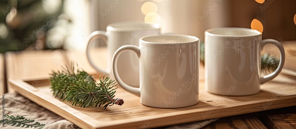 Poster White mugs on wooden trays displaying pine tree image in copy space image