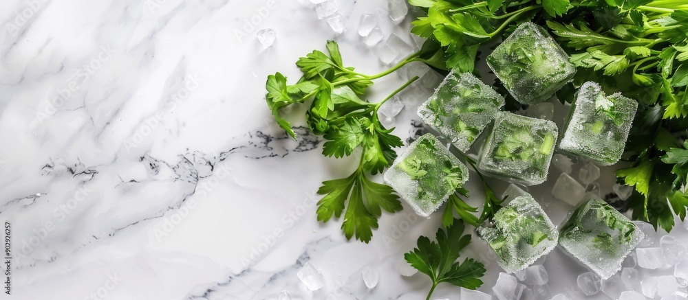 Leinwandbilder Fresh parsley and parsley ice cubes frozen for cooking displayed on a marble surface with a selective focus top view and blank space for text or images. Creative banner. Copyspace image