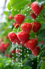Sunlit Dewy Strawberries Hanging in a Lush Garden