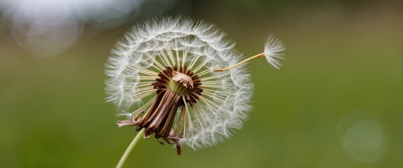 A close-up of a dandelion in bloom, capturing its delicate seeds ready to drift away, symbolizing nature's beauty and the cycle of life.