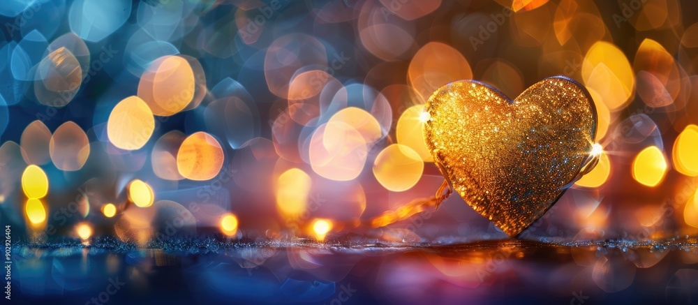 Aufkleber heart shaped yellow gold on black background with colorful lighting bokeh ideal for evening decorati