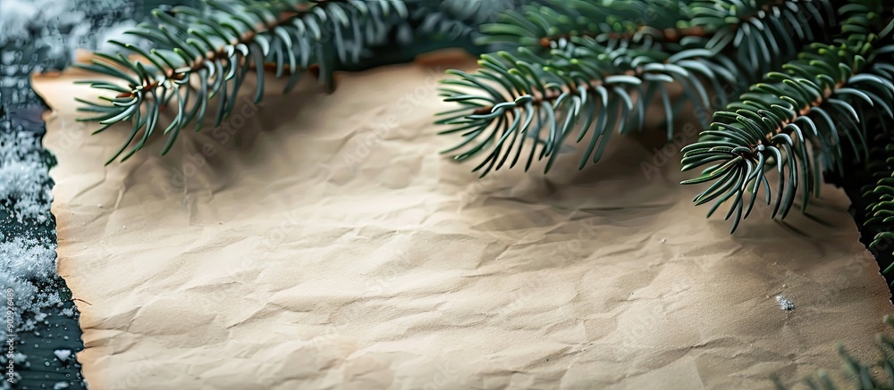 Poster vintage parchment paper with room for text set against a backdrop of a christmas tree branch isolate