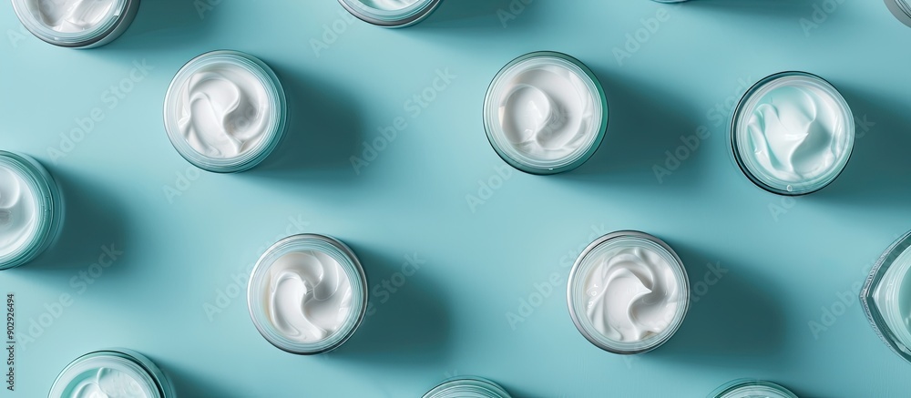 Poster top view of face cream samples on a light blue background with room for text in the image in questio