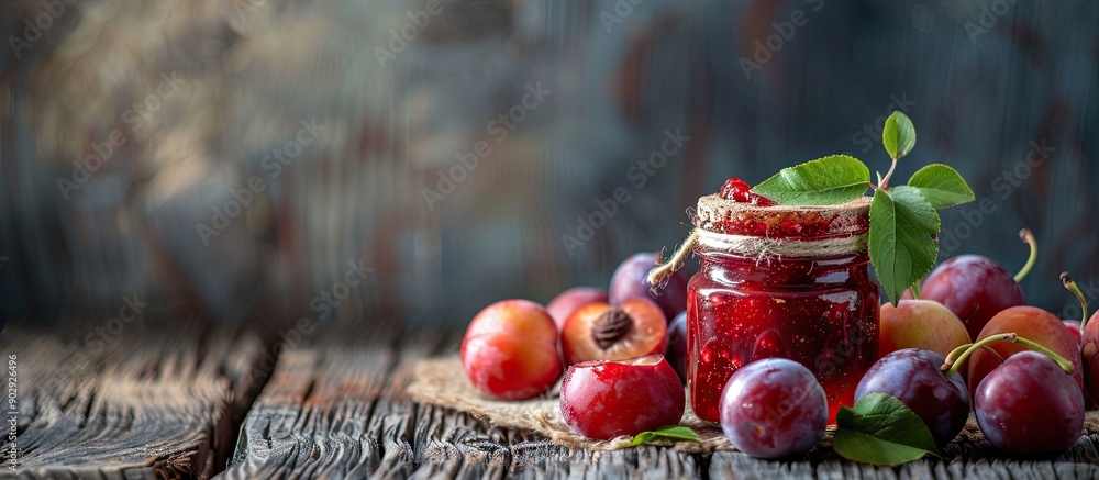 Poster Wooden table with a glass jar of jam and ripe plums creating a rustic scene with copy space image