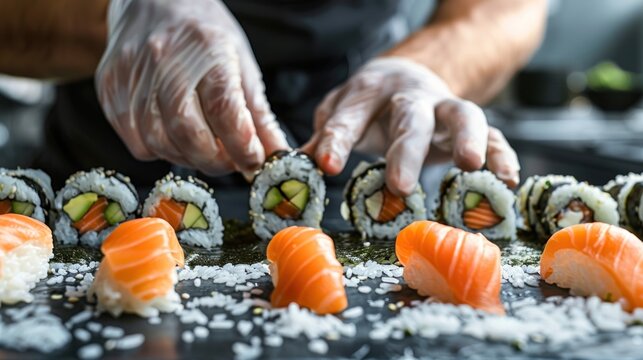 Hands rolling sushi, expertly handling seaweed, rice, and fresh fish. The close-up shot focuses on the dexterity and skill involved in crafting each roll. The ingredients' vibrant colors contrast