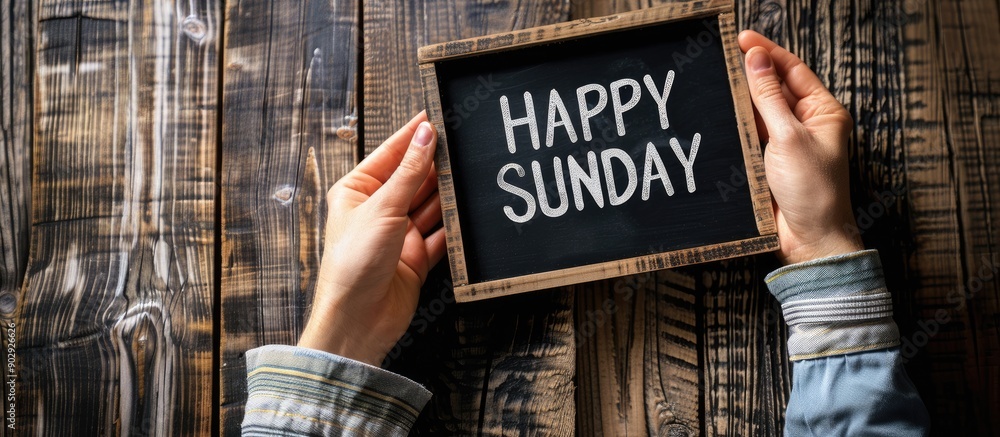 Poster a hand holds a chalkboard with the words happy sunday on a wooden background symbolizing motivation 