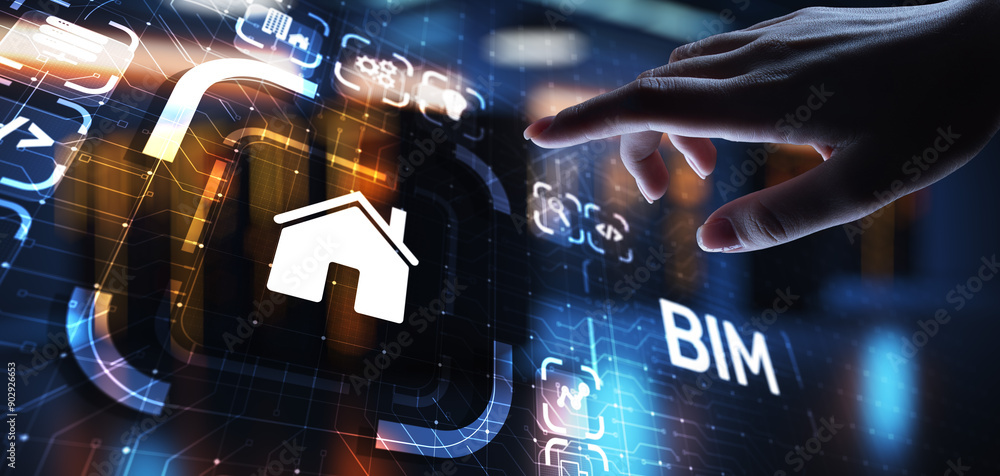 Aufkleber bim building information modeling technology concept on virtual screen.