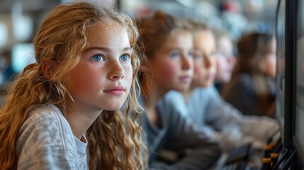 A young girl with curly blonde hair sits in a classroom, focused on something out of frame while her classmates are blurred yet attentive