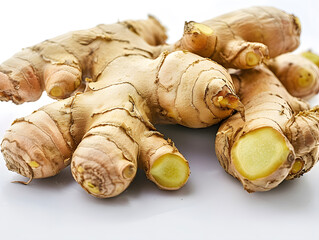 Ginger root isolated on white background, Fresh ginger close up zoom 4K HD, top view, sharp and clear Thailand thai kitchen herb spice ingredient recipe 
