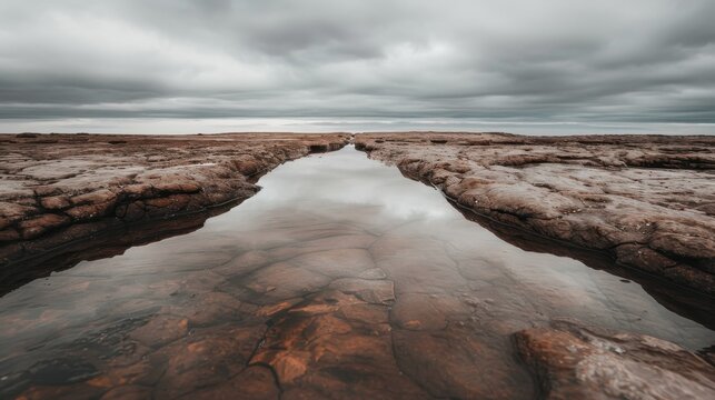 A dramatic scene of rugged rocky terrain with a narrow water channel cutting through the landscape, set under a cloudy sky, evoking a sense of adventure.