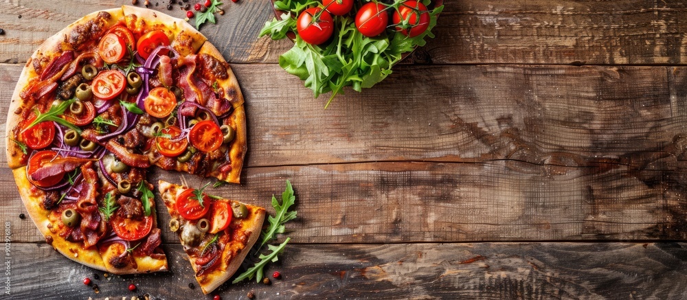 Poster Pizza topped with tomatoes bacon and salad on a wooden backdrop with ample copy space image