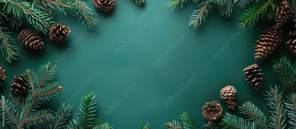 Aufkleber green christmas background with spruce branches cones and copy space image for text arranged flatly