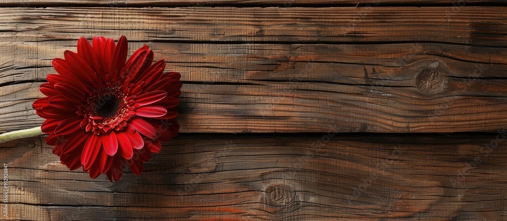 Poster a vibrant red gerbera daisy displayed on a rustic wooden table with empty space for adding an image.