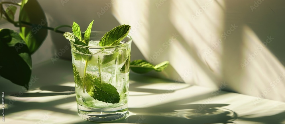 Aufkleber A glass with a mojito drink and ice sits on a table casting a distinct shadow in the background perfect for a copy space image