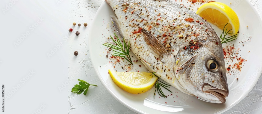 Poster an uncooked dorado fish seasoned with spices and lemon on a plate with a white table background for 