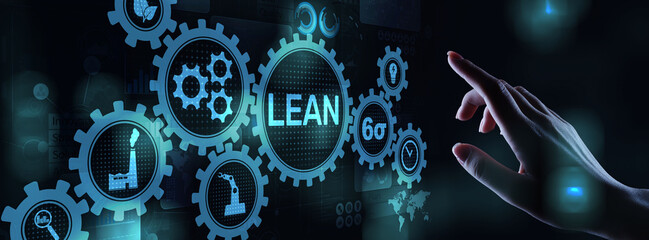 Lean, Six sigma, quality control and manufacturing process management concept on virtual screen.