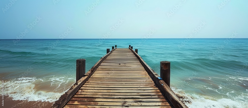 Poster a wooden pier on the beach with clear space for an image. creative banner. copyspace image