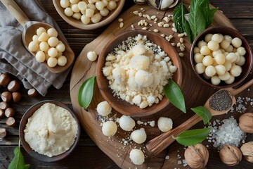 Fototapeta premium Macadamia Nuts, Shells, and Powder on a Wooden Background.