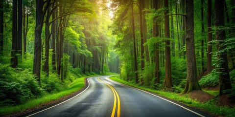 Obraz premium Road winding through a dense forest , nature, trees, outdoors, path, journey, adventure, scenic, greenery