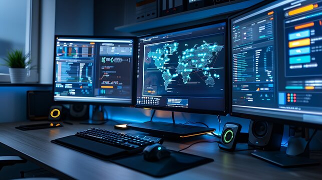 Close-up of an advanced IT workstation with dual monitors and ambient lighting, more clarity with clear light and sharp focus, high detailed