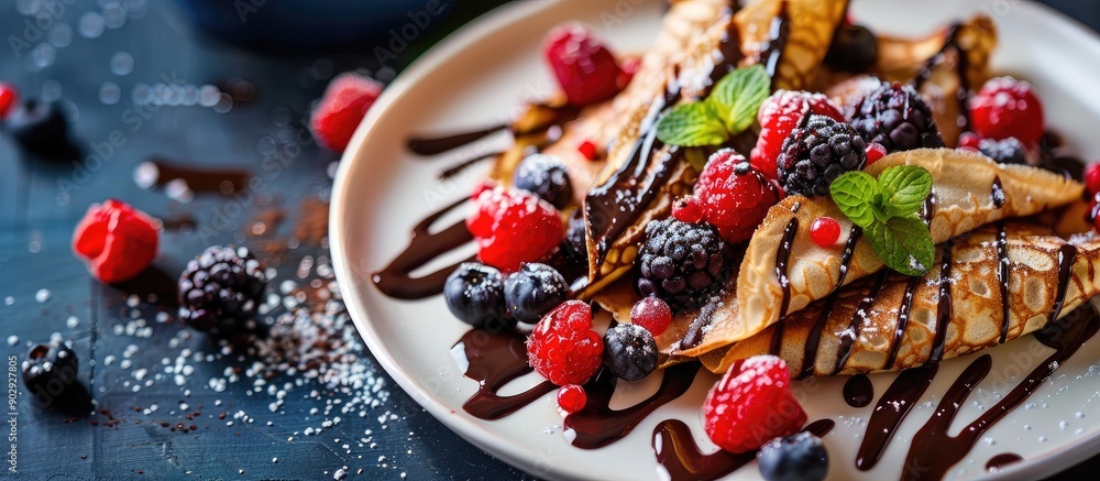 Aufkleber selective focus is used in a picture of homemade chocolate crepes adorned with fresh berries and cho