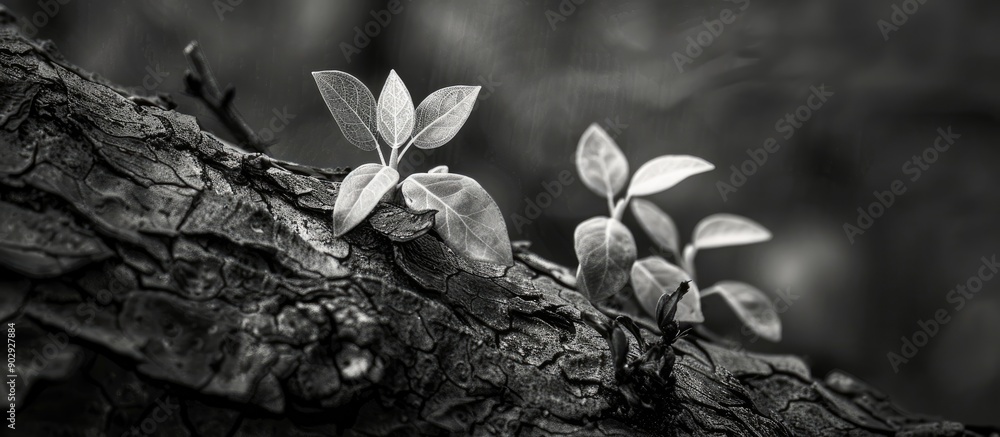 Fototapete monochrome image of fresh leaves sprouting on aged tree with copy space image