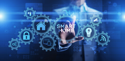 Smart home control panel on virtual screen. IOT and Automation technology concept.