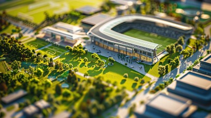 Generate a photo realistic image of a maquette illustrating a sports facility with stadiums, training grounds, and sports academies; ensure the image is of high resolution for clear 