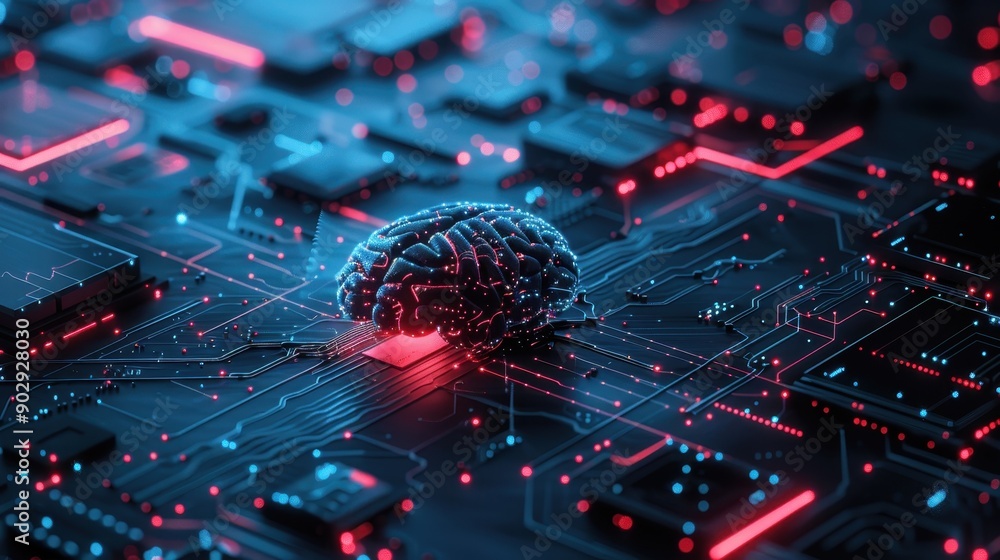 Aufkleber a brain is shown on a computer chip. the brain is surrounded by a red glow, giving it a futuristic a