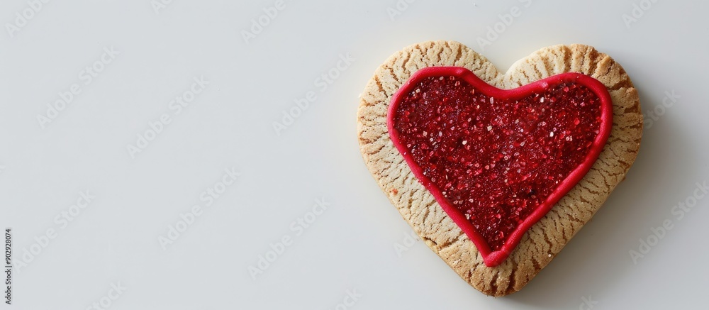 Poster valentine s day celebration with a heart shaped cookie on a white background in a copy space image