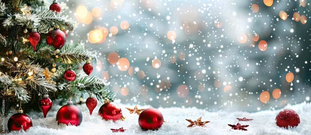 Poster A festive Christmas scene with a decorated tree holiday ornaments and a snowy backdrop ideal for a copy space image