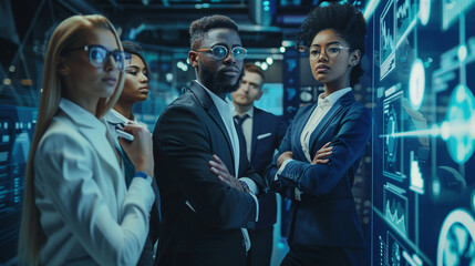 Obraz premium Group of business experts with digital overlays