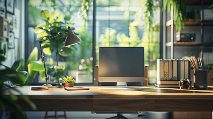 Modern Home Office Desk with Computer and Green Plants.