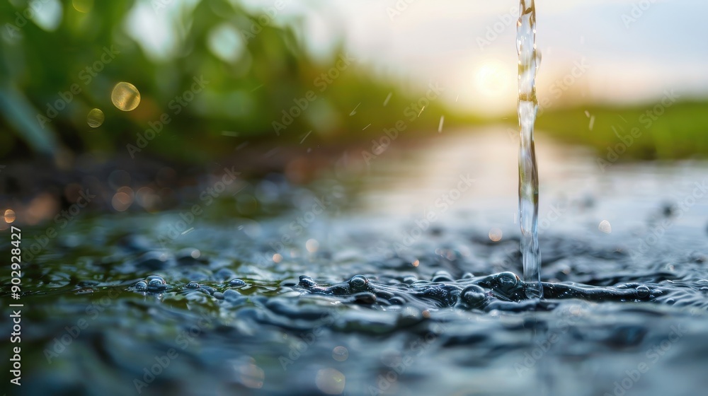 Poster a high-resolution image of water splashing close-up in a natural setting during a beautiful sunset, 
