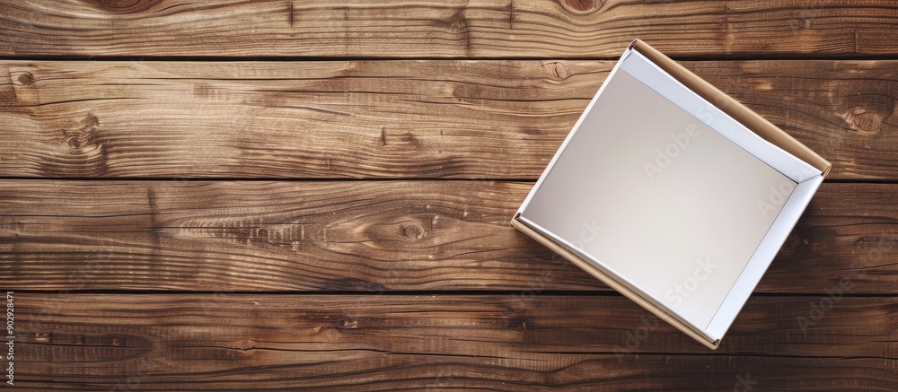 Poster wooden background showcasing a blank white box mockup with copy space image