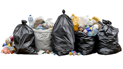 Pile of garbage isolated on transparent background, png file white background. Pераforated card with trash and waste. Waste soil e masking tape. In carton box plastic jar. garbage pile in bin or black