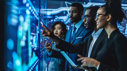 Group of business professionals with technology-driven graphics