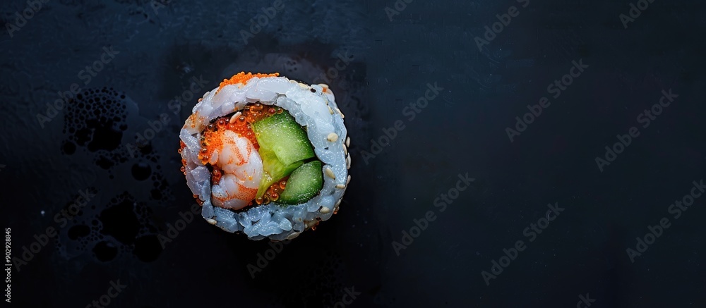 Aufkleber top view of a uramaki sushi roll with cucumber avocado shrimp and red tobiko roe with copy space ima