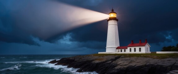 A dramatic lighthouse stands against stormy skies, illuminating the rocky coast, symbolizing guidance and safety for sailors at sea.