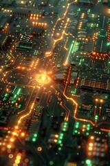 Fototapeta premium A brain is shown on a computer chip. The brain is surrounded by a red glow, giving it a futuristic and technological appearance. Concept of innovation and advancement in the field of neuroscience