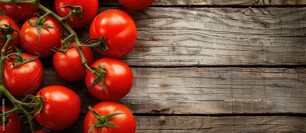 Poster Wooden table displaying fresh red tomatoes incorporating copy space image