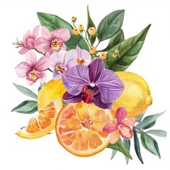 Tropical Citrus Bouquet. Hand-painted Watercolor Set of Lemon, Mandarin, and Orchid Botanical Illustrations