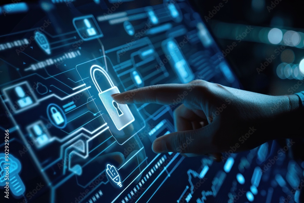 Poster hand pressing a digital padlock symbol on a futuristic interface, showcasing cybersecurity and techn